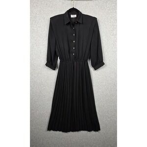 Vintage Lady Carol Dress Womens Medium Black Button Front Pleated Midi Shirt 80s